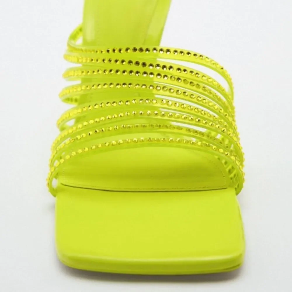Zara Vinyl Lime Green Rhinestone Squared Toe High Heels Sandals Shoes - Picture 5 of 14